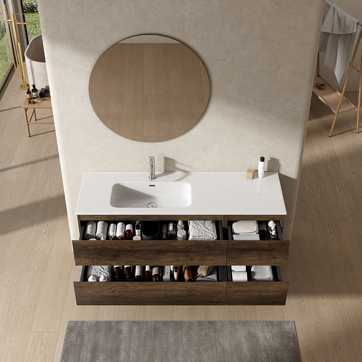 Mobile bagno sospeso 140 cm Bruno Scuro Lavabo a Sinistra in Resina Specchio Tondo - Fiji Wood