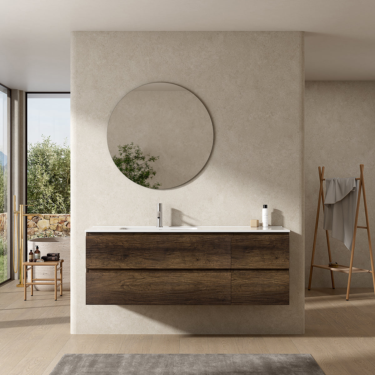 Mobile bagno sospeso 140 cm Bruno Scuro Lavabo a Sinistra in Resina Specchio Tondo - Fiji Wood