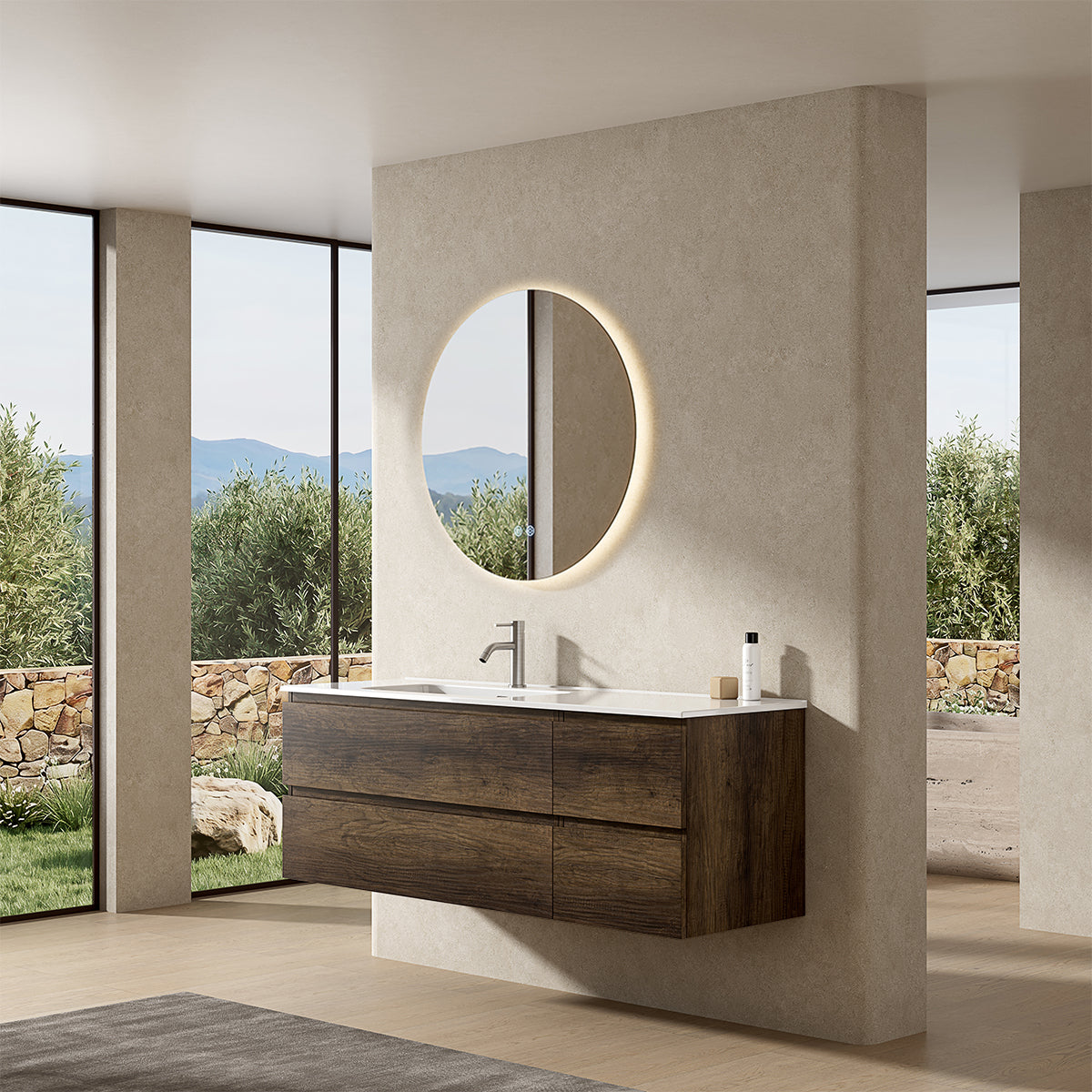 Mobile bagno sospeso 140 cm Bruno Scuro Lavabo a Sinistra in Resina Specchio Tondo Retroilluminato - Fiji Wood