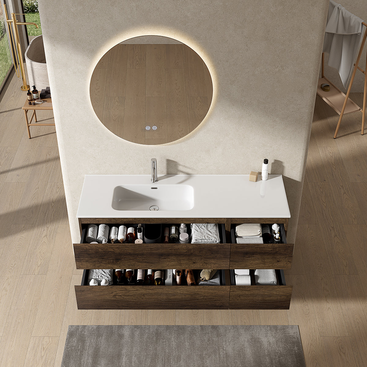 Mobile bagno sospeso 140 cm Bruno Scuro Lavabo a Sinistra in Resina Specchio Tondo Retroilluminato - Fiji Wood