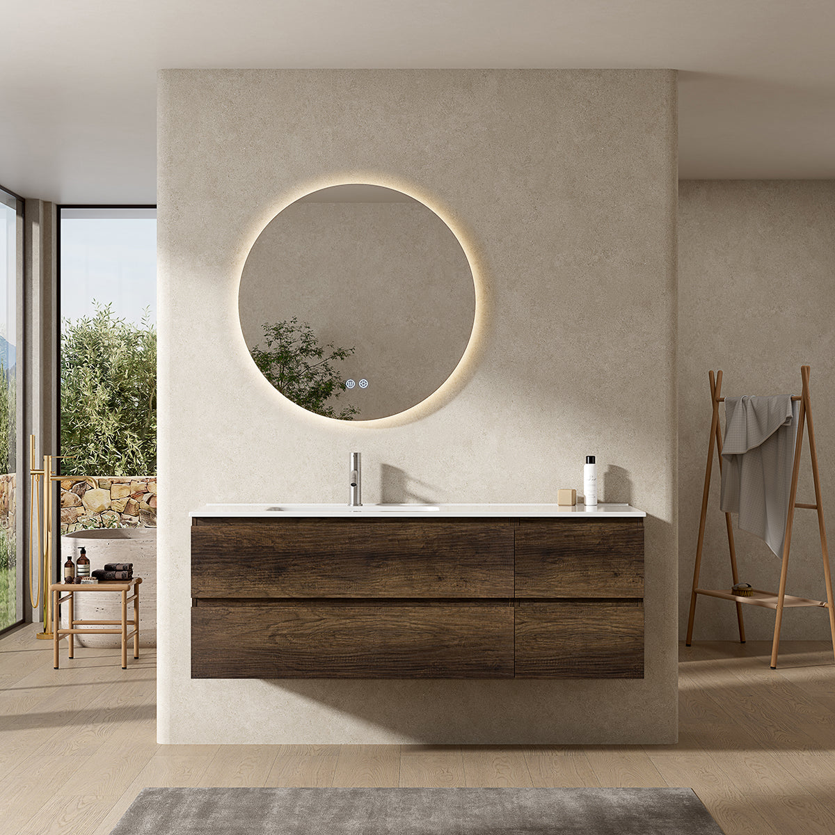 Mobile bagno sospeso 140 cm Bruno Scuro Lavabo a Sinistra in Resina Specchio Tondo Retroilluminato - Fiji Wood