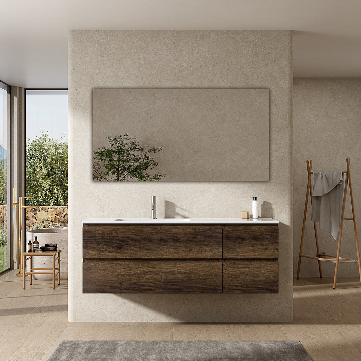 Mobile bagno sospeso 140 cm Bruno Scuro Lavabo a Sinistra in Resina Specchio Quadro - Fiji Wood