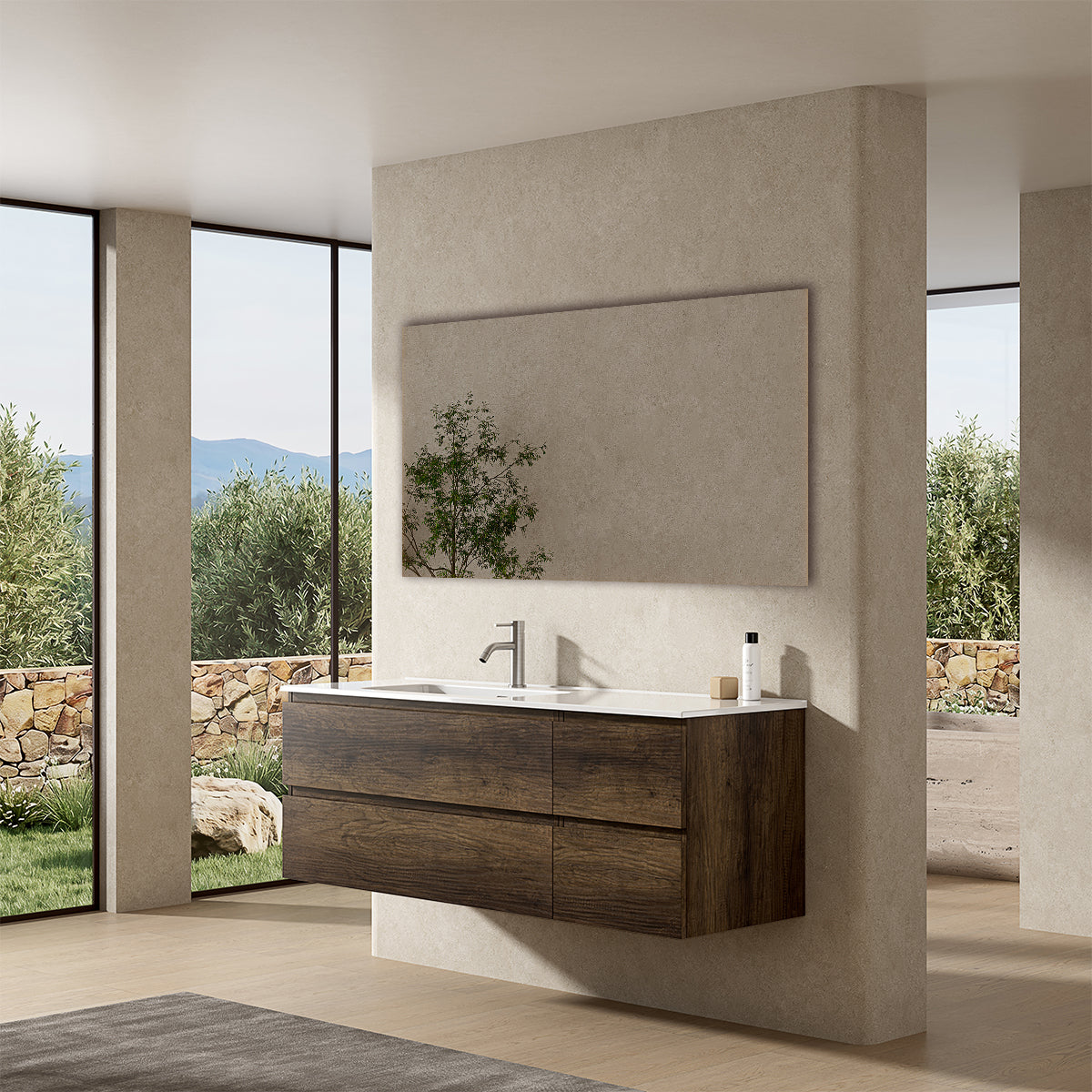 Mobile bagno sospeso 140 cm Bruno Scuro Lavabo a Sinistra in Resina Specchio Quadro - Fiji Wood