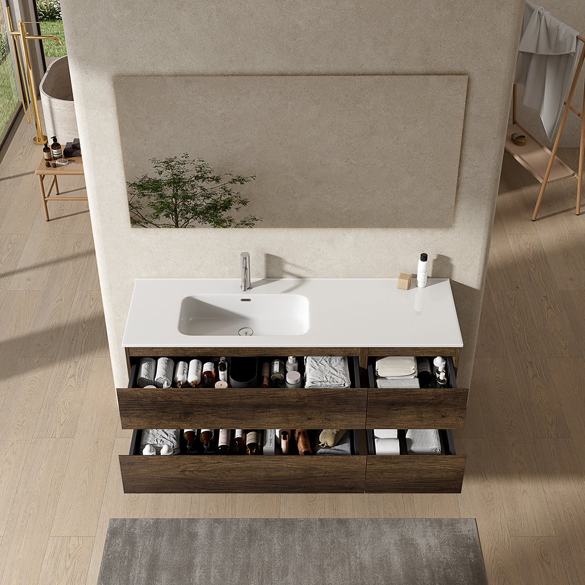 Mobile bagno sospeso 140 cm Bruno Scuro Lavabo a Sinistra in Resina Specchio Quadro - Fiji Wood