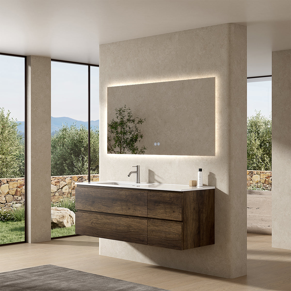 Mobile bagno sospeso 140 cm Bruno Scuro Lavabo a Sinistra in Resina Specchio Quadro Retroilluminato - Fiji Wood