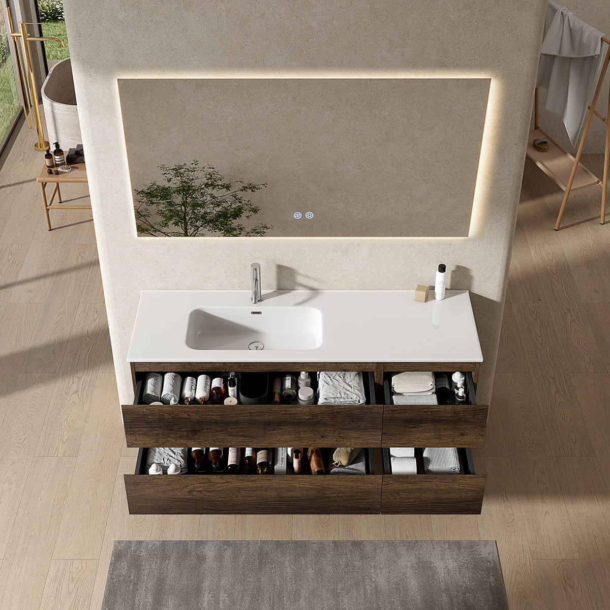 Mobile bagno sospeso 140 cm Bruno Scuro Lavabo a Sinistra in Resina Specchio Quadro Retroilluminato - Fiji Wood