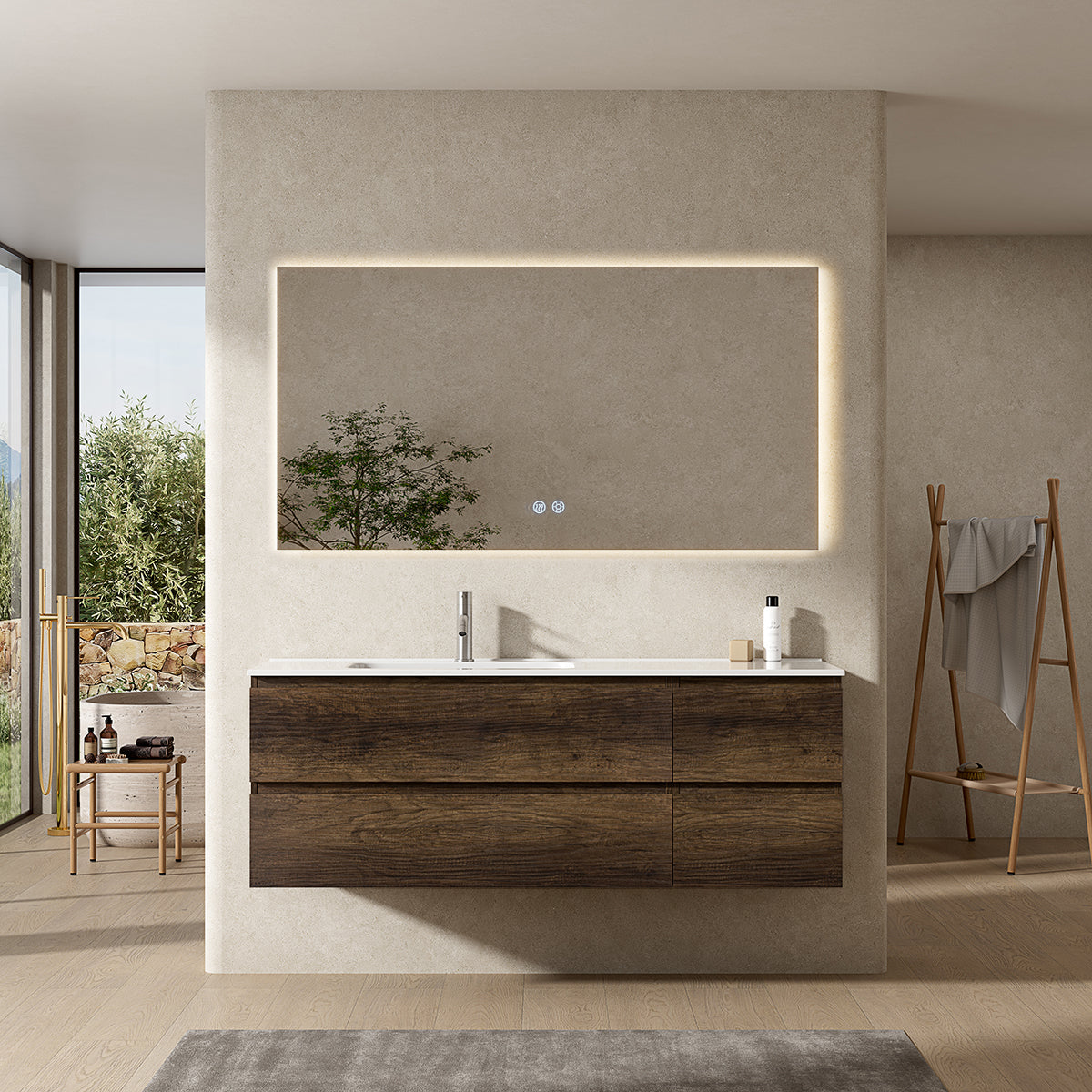 Mobile bagno sospeso 140 cm Bruno Scuro Lavabo a Sinistra in Resina Specchio Quadro Retroilluminato - Fiji Wood