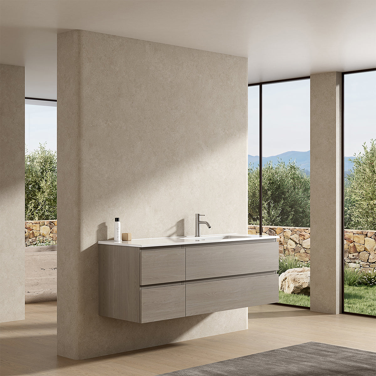 Mobile bagno sospeso 140 cm Beige Lavabo a Destra in Resina Senza Specchio - Fiji Wood