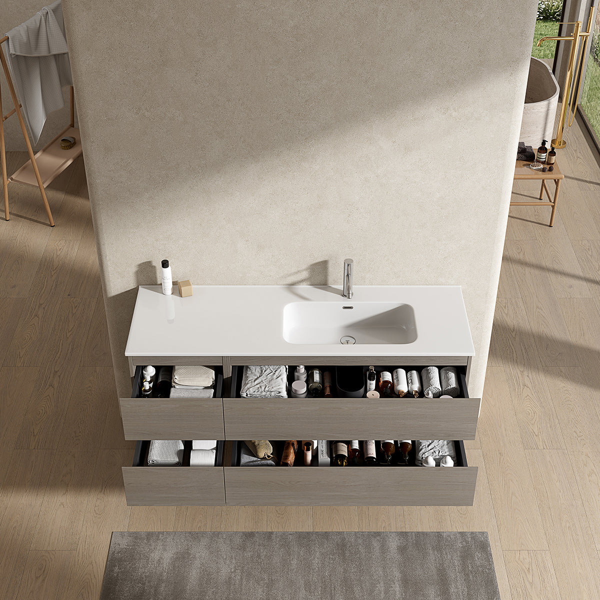 Mobile bagno sospeso 140 cm Beige Lavabo a Destra in Resina Senza Specchio - Fiji Wood