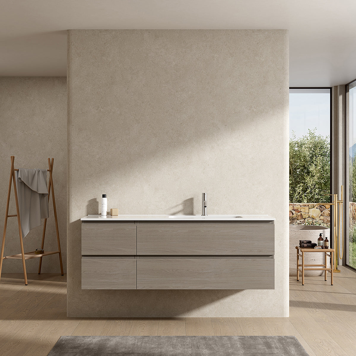 Mobile bagno sospeso 140 cm Beige Lavabo a Destra in Resina Senza Specchio - Fiji Wood