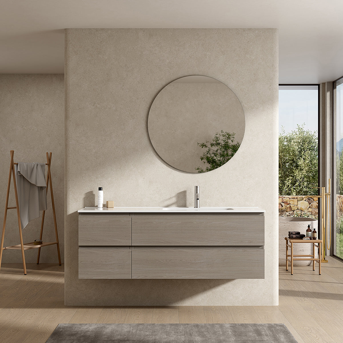 Mobile bagno sospeso 140 cm Beige Lavabo a Destra in Resina Specchio Tondo - Fiji Wood
