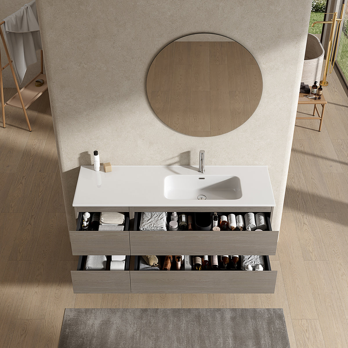Mobile bagno sospeso 140 cm Beige Lavabo a Destra in Resina Specchio Tondo - Fiji Wood