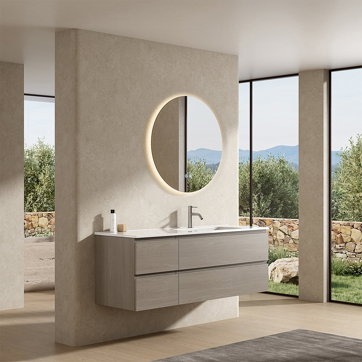 Mobile bagno sospeso 140 cm Beige Lavabo a Destra in Resina Specchio Tondo Retroilluminato - Fiji Wood