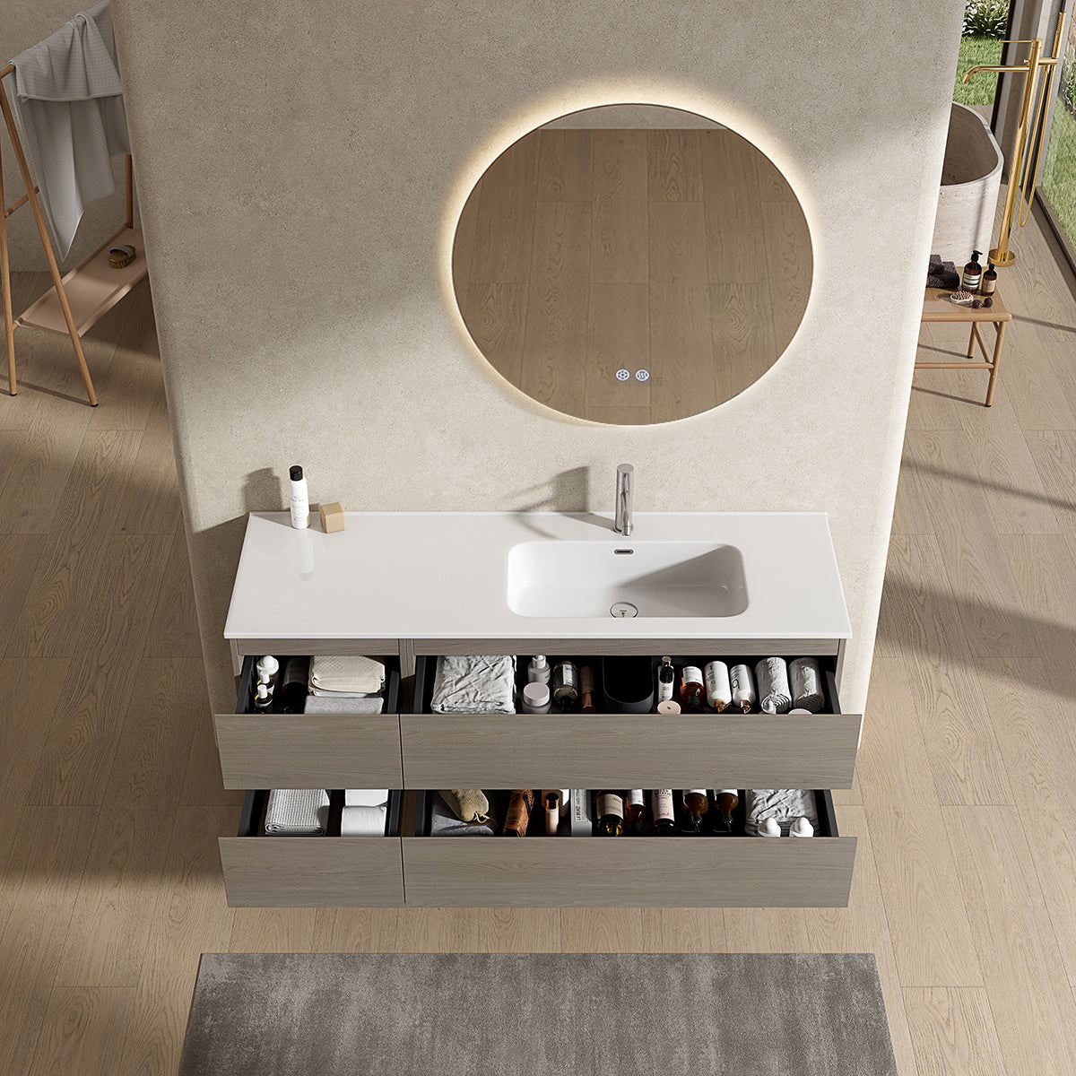 Mobile bagno sospeso 140 cm Beige Lavabo a Destra in Resina Specchio Tondo Retroilluminato - Fiji Wood