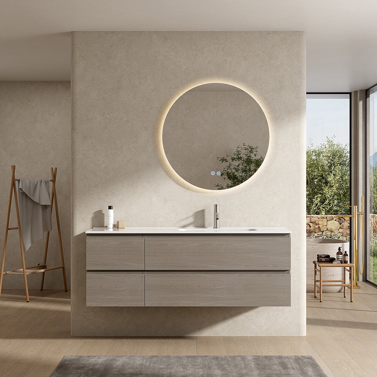 Mobile bagno sospeso 140 cm Beige Lavabo a Destra in Resina Specchio Tondo Retroilluminato - Fiji Wood