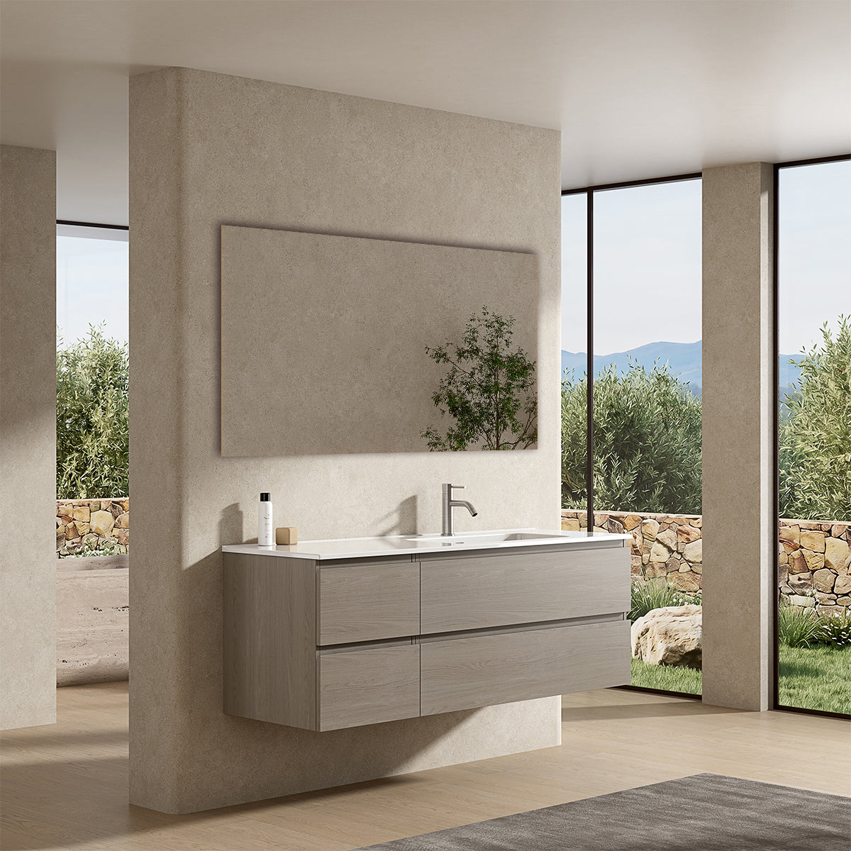 Mobile bagno sospeso 140 cm Beige Lavabo a Destra in Resina Specchio Quadro - Fiji Wood