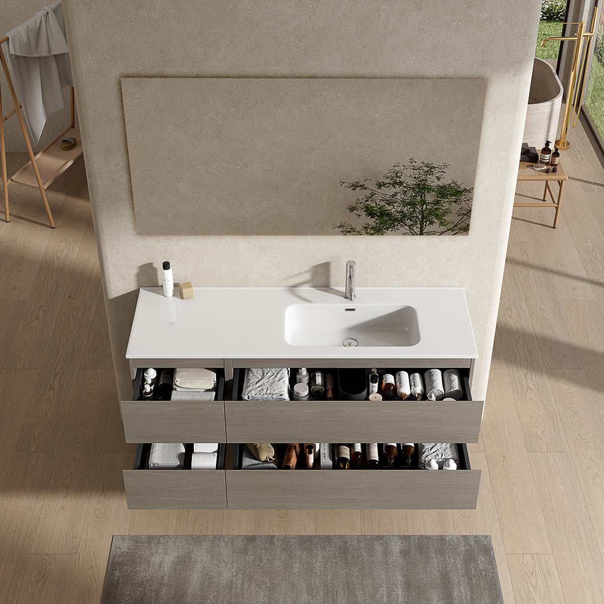Mobile bagno sospeso 140 cm Beige Lavabo a Destra in Resina Specchio Quadro - Fiji Wood