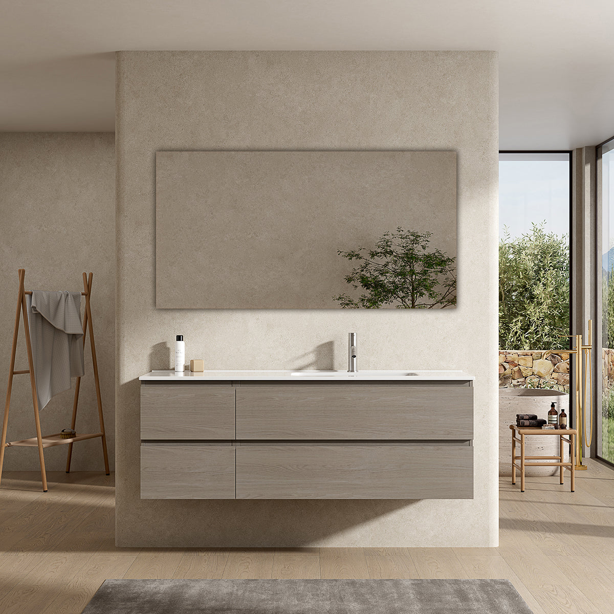 Mobile bagno sospeso 140 cm Beige Lavabo a Destra in Resina Specchio Quadro - Fiji Wood