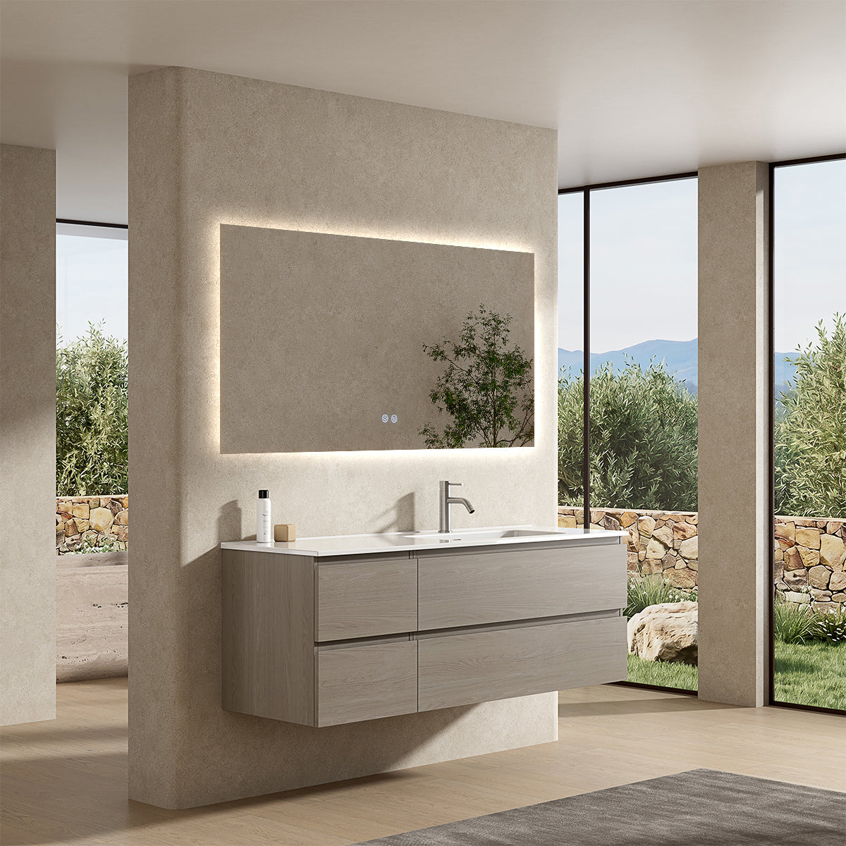 Mobile bagno sospeso 140 cm Beige Lavabo a Destra in Resina Specchio Quadro Retroilluminato - Fiji Wood