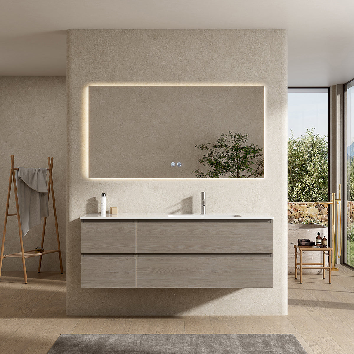 Mobile bagno sospeso 140 cm Beige Lavabo a Destra in Resina Specchio Quadro Retroilluminato - Fiji Wood