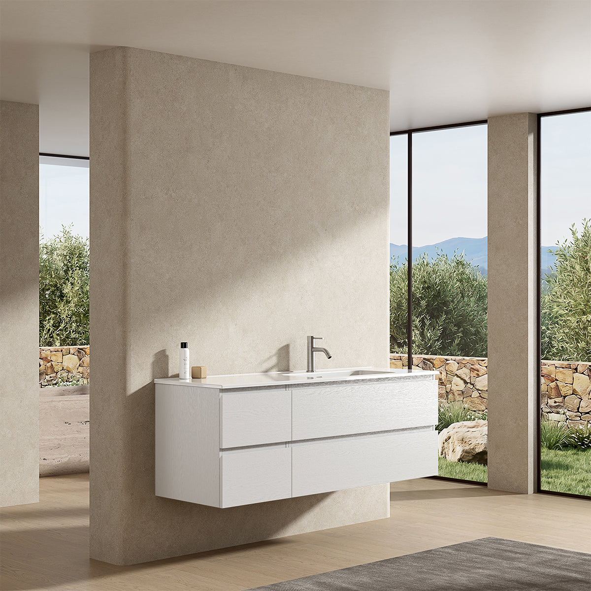 Mobile bagno sospeso 140 cm Bianco Lavabo a Destra in Resina Senza Specchio - Fiji Wood