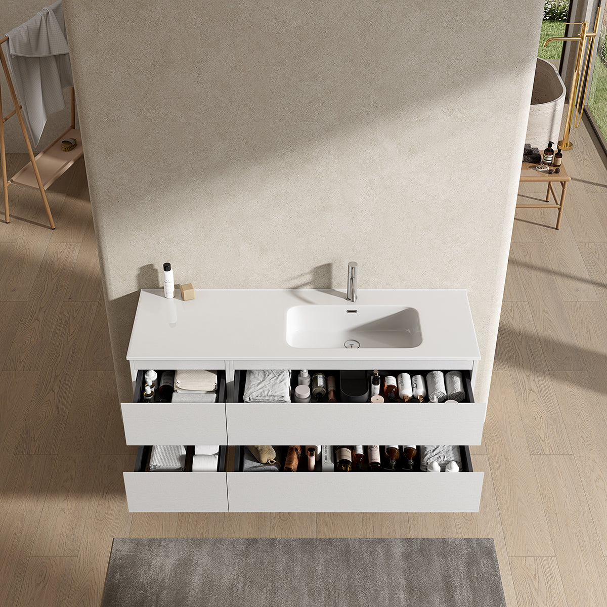 Mobile bagno sospeso 140 cm Bianco Lavabo a Destra in Resina Senza Specchio - Fiji Wood