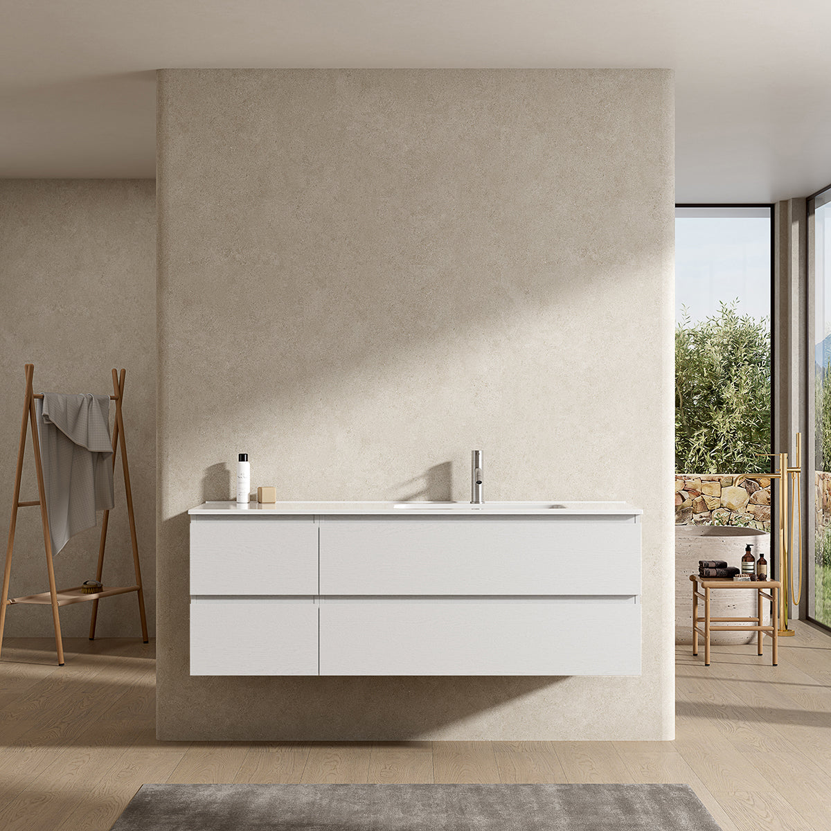 Mobile bagno sospeso 140 cm Bianco Lavabo a Destra in Resina Senza Specchio - Fiji Wood
