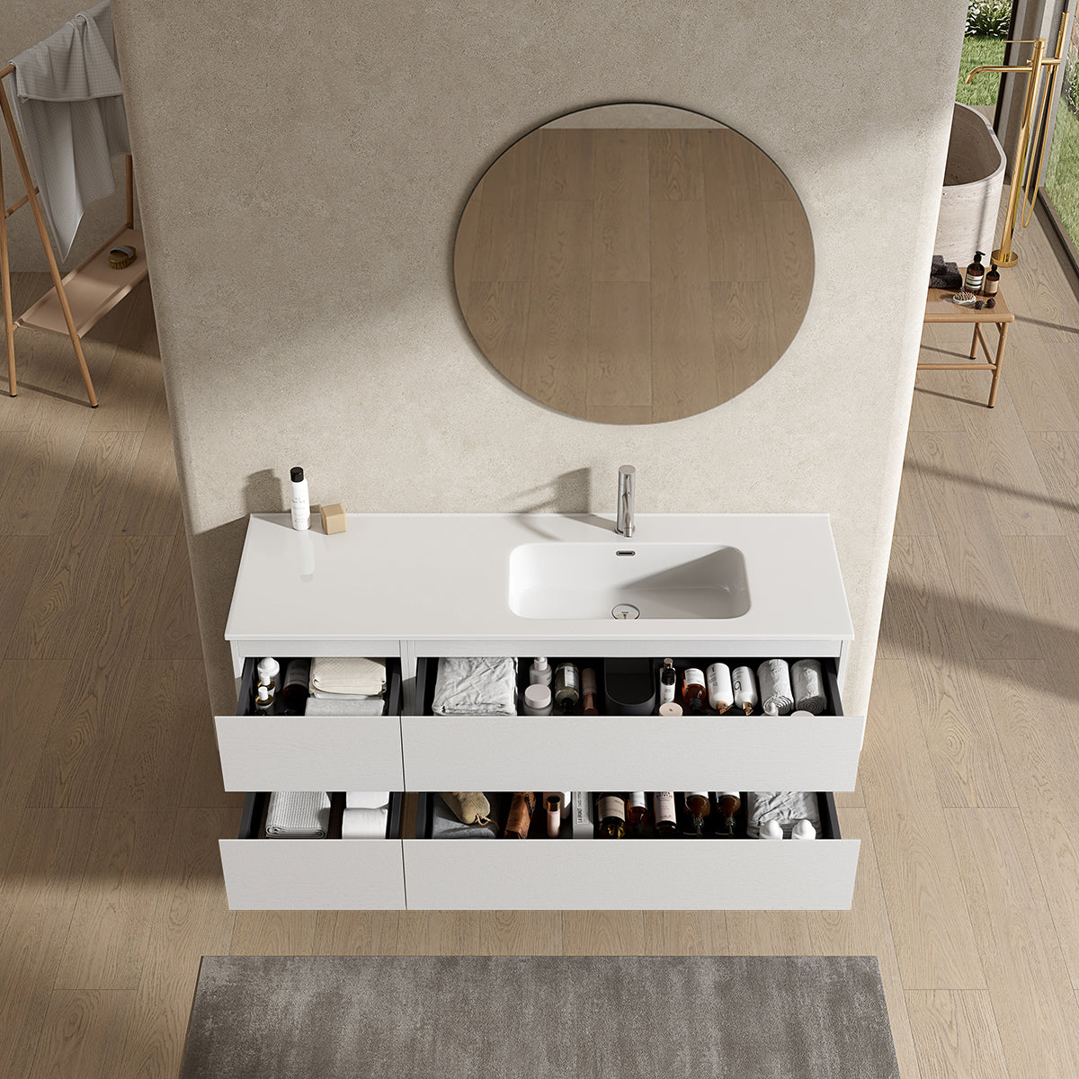 Mobile bagno sospeso 140 cm Bianco Lavabo a Destra in Resina Specchio Tondo - Fiji Wood
