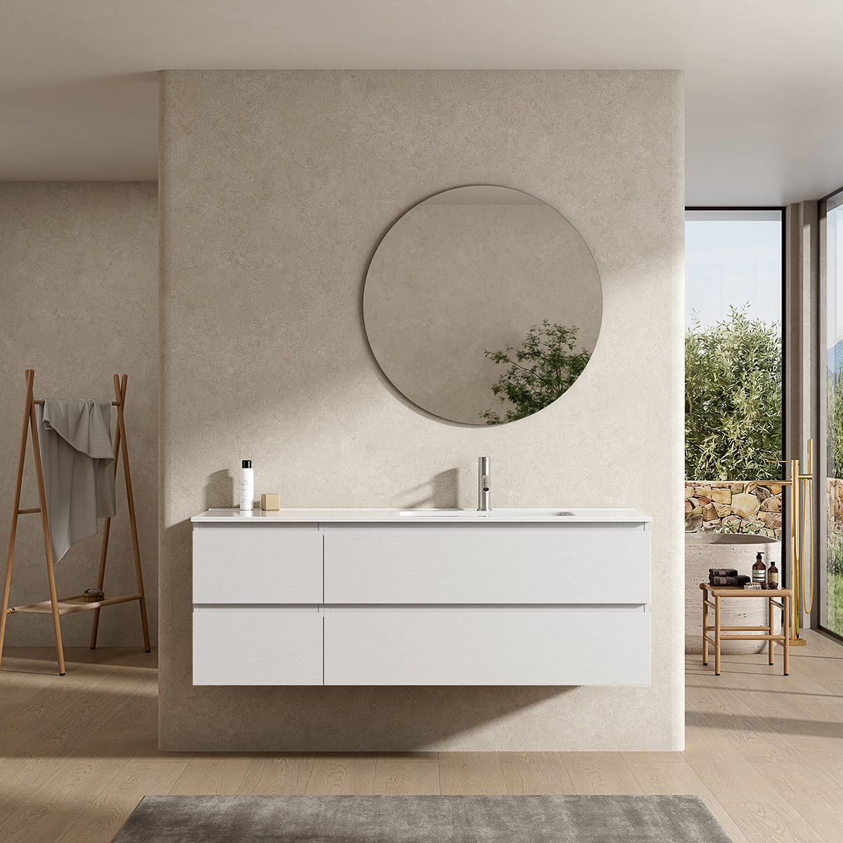 Mobile bagno sospeso 140 cm Bianco Lavabo a Destra in Resina Specchio Tondo - Fiji Wood