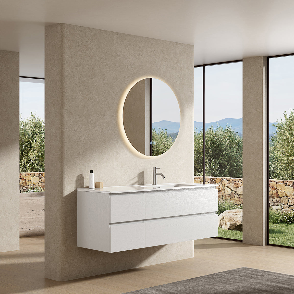 Mobile bagno sospeso 140 cm Bianco Lavabo a Destra in Resina Specchio Tondo Retroilluminato - Fiji Wood