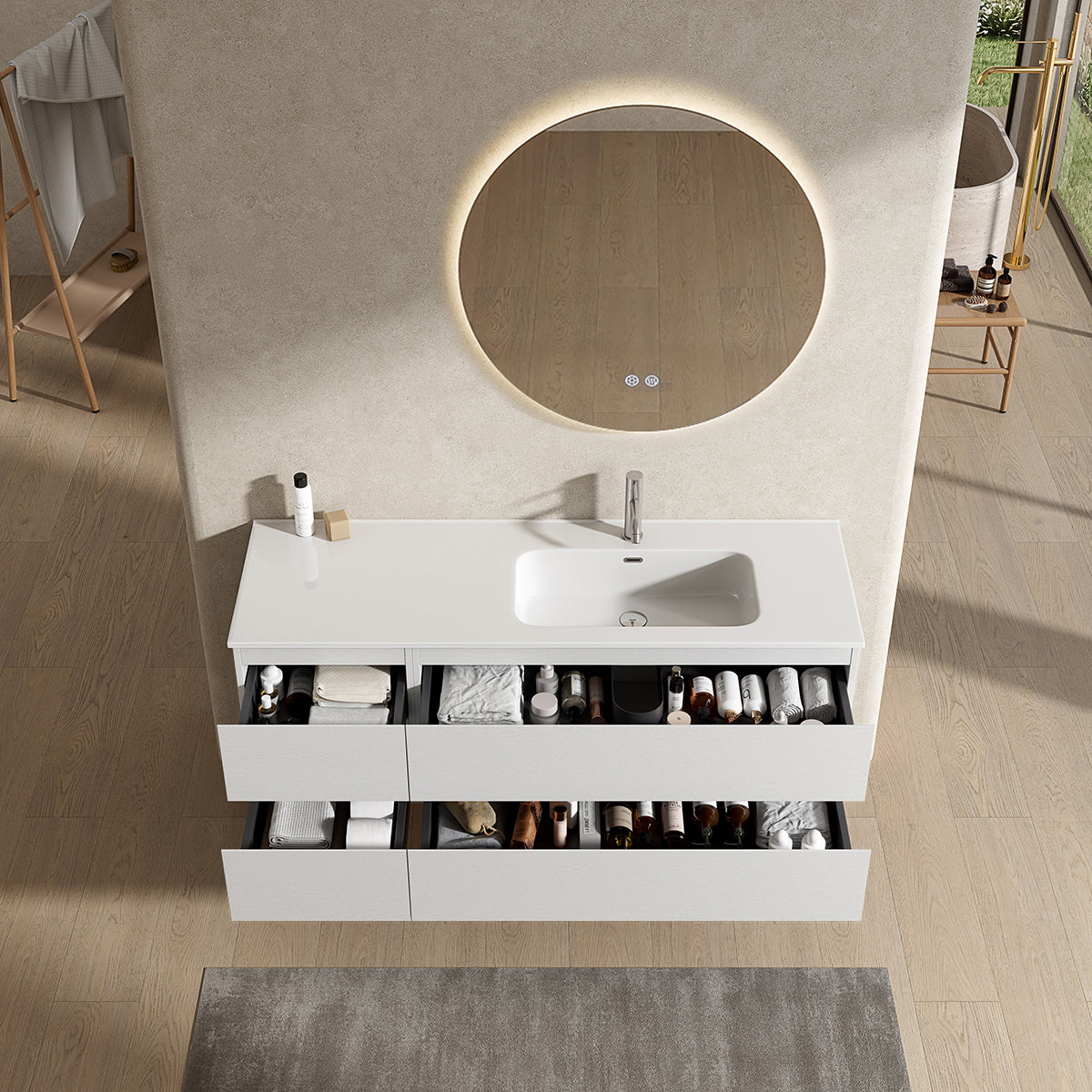 Mobile bagno sospeso 140 cm Bianco Lavabo a Destra in Resina Specchio Tondo Retroilluminato - Fiji Wood