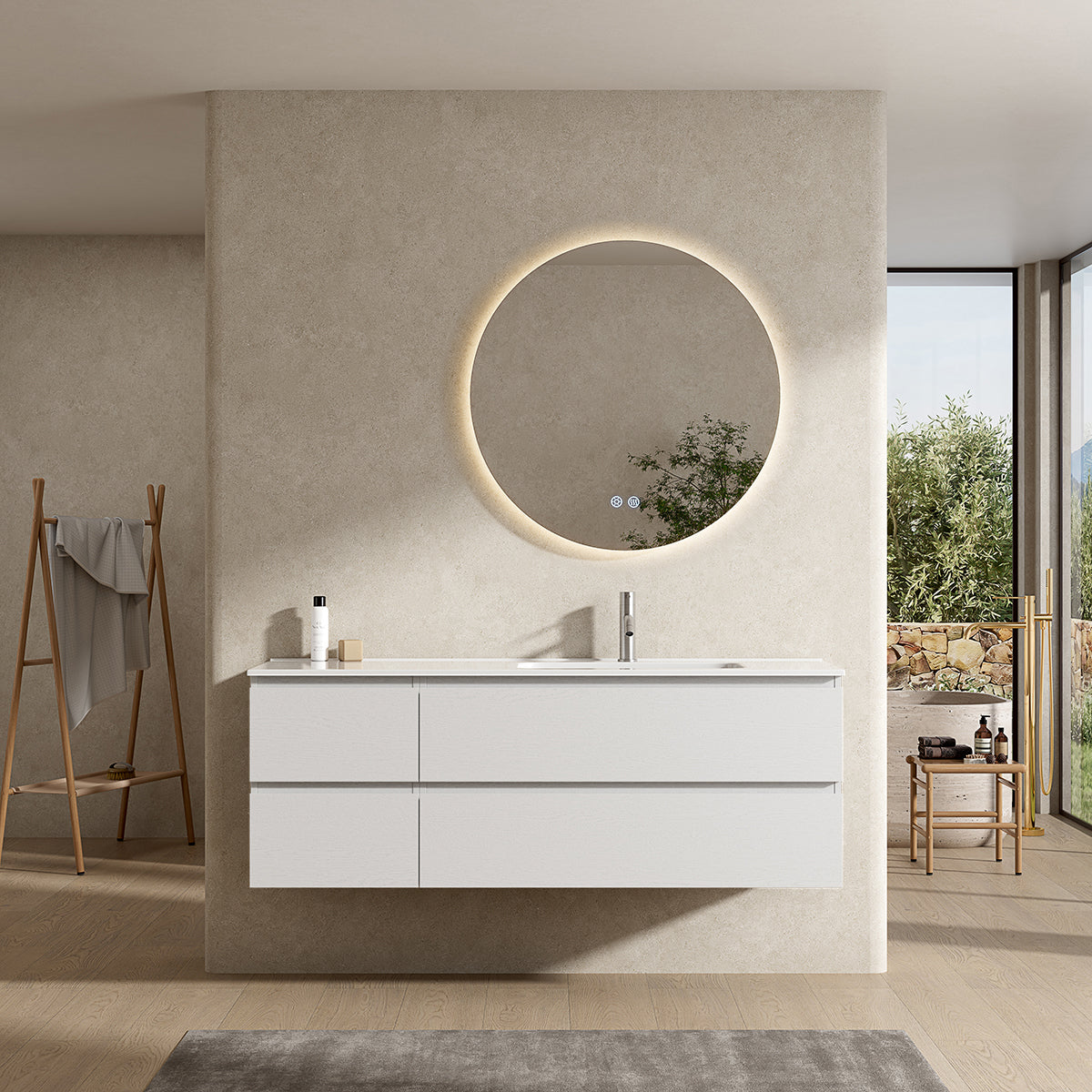 Mobile bagno sospeso 140 cm Bianco Lavabo a Destra in Resina Specchio Tondo Retroilluminato - Fiji Wood