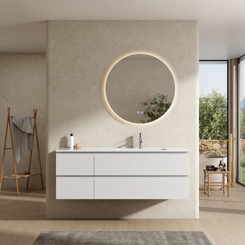 Mobile bagno sospeso 140 cm Bianco Lavabo a Destra in Resina Specchio Tondo Retroilluminato - Fiji Wood