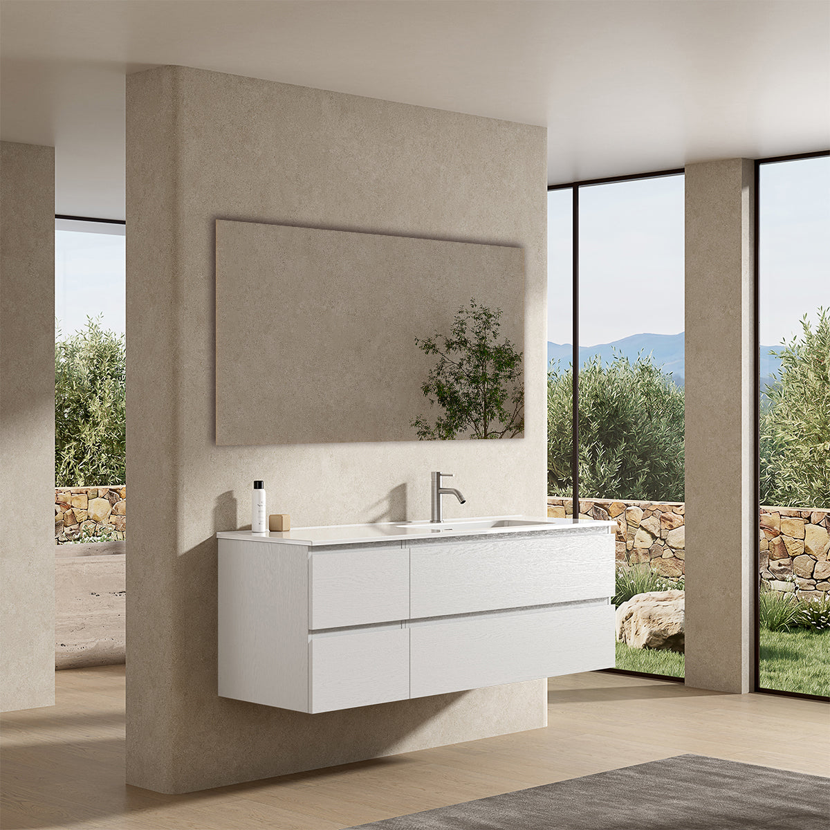 Mobile bagno sospeso 140 cm Bianco Lavabo a Destra in Resina Specchio Quadro - Fiji Wood