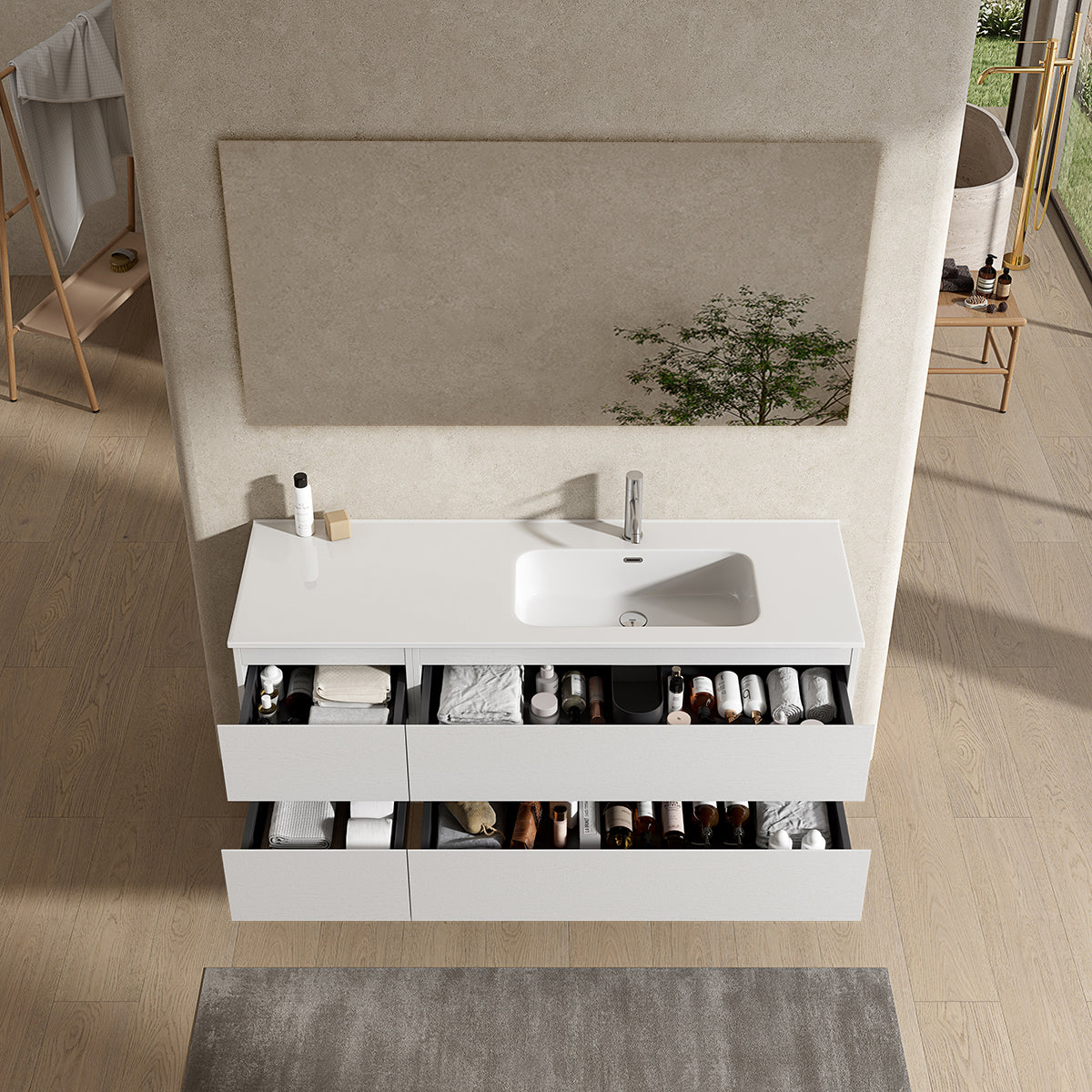 Mobile bagno sospeso 140 cm Bianco Lavabo a Destra in Resina Specchio Quadro - Fiji Wood