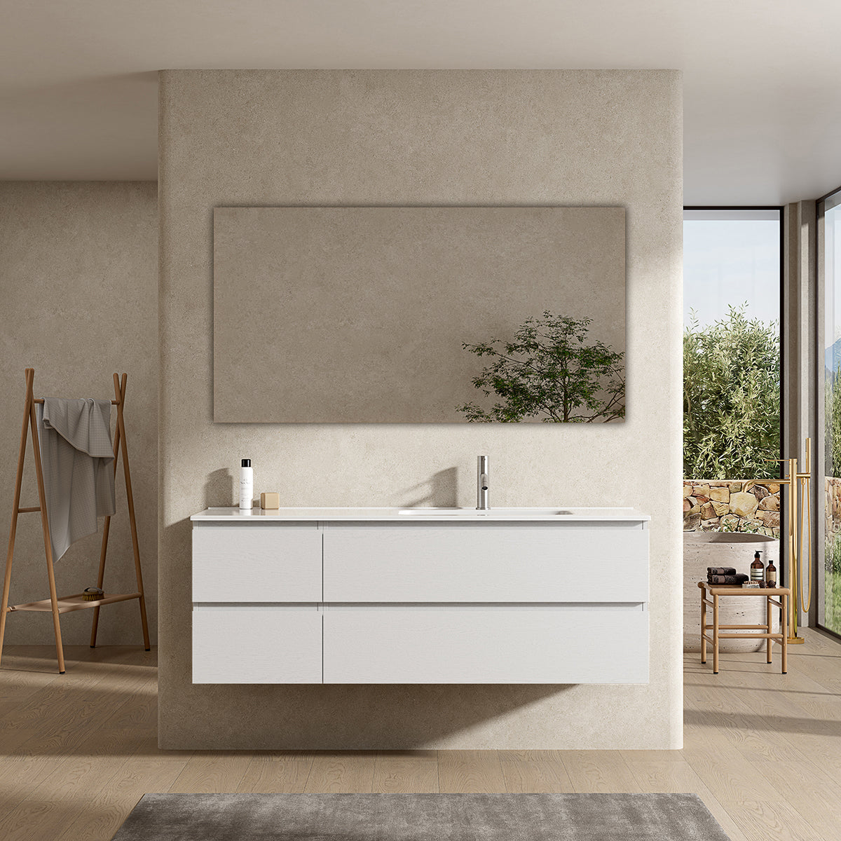 Mobile bagno sospeso 140 cm Bianco Lavabo a Destra in Resina Specchio Quadro - Fiji Wood