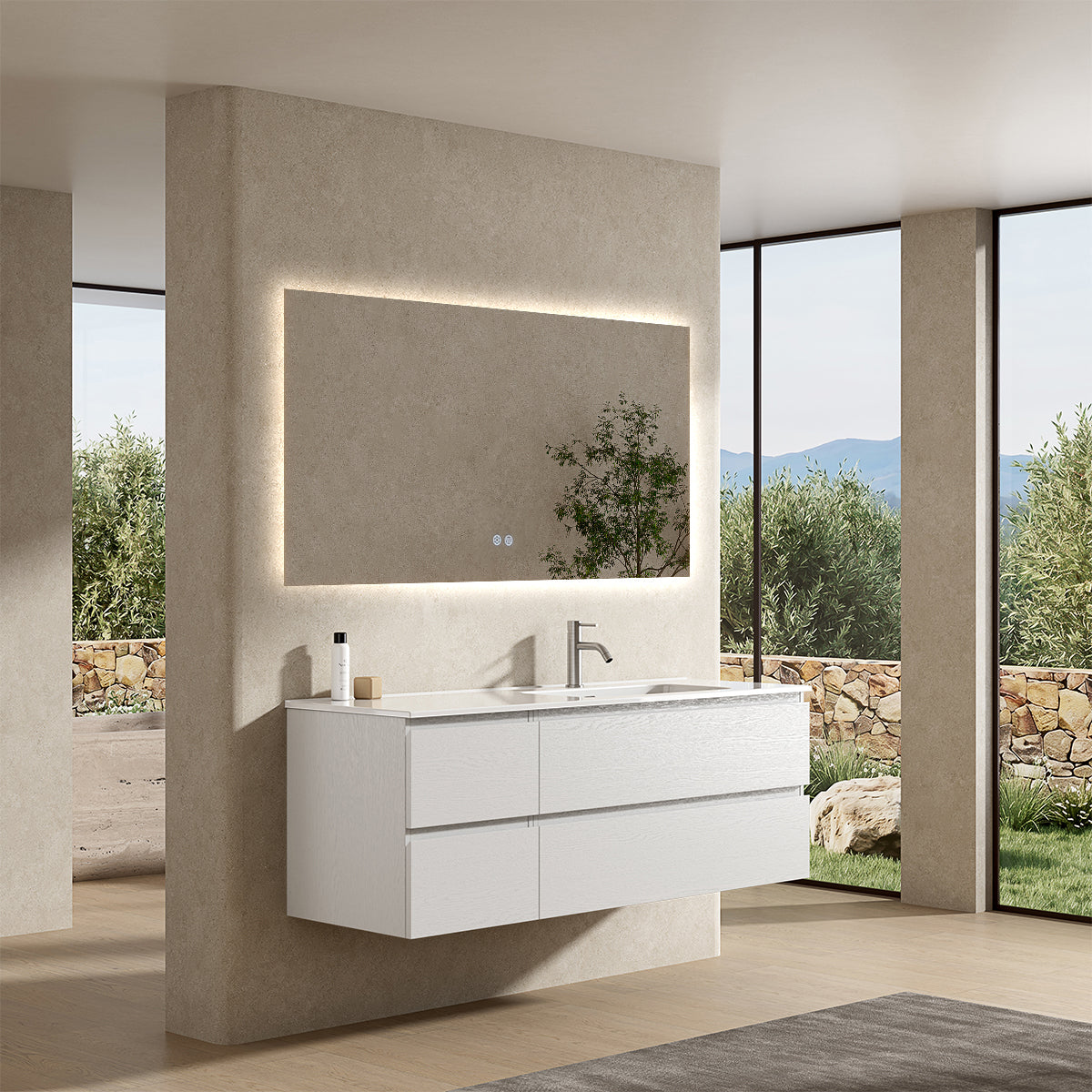 Mobile bagno sospeso 140 cm Bianco Lavabo a Destra in Resina Specchio Quadro Retroilluminato - Fiji Wood