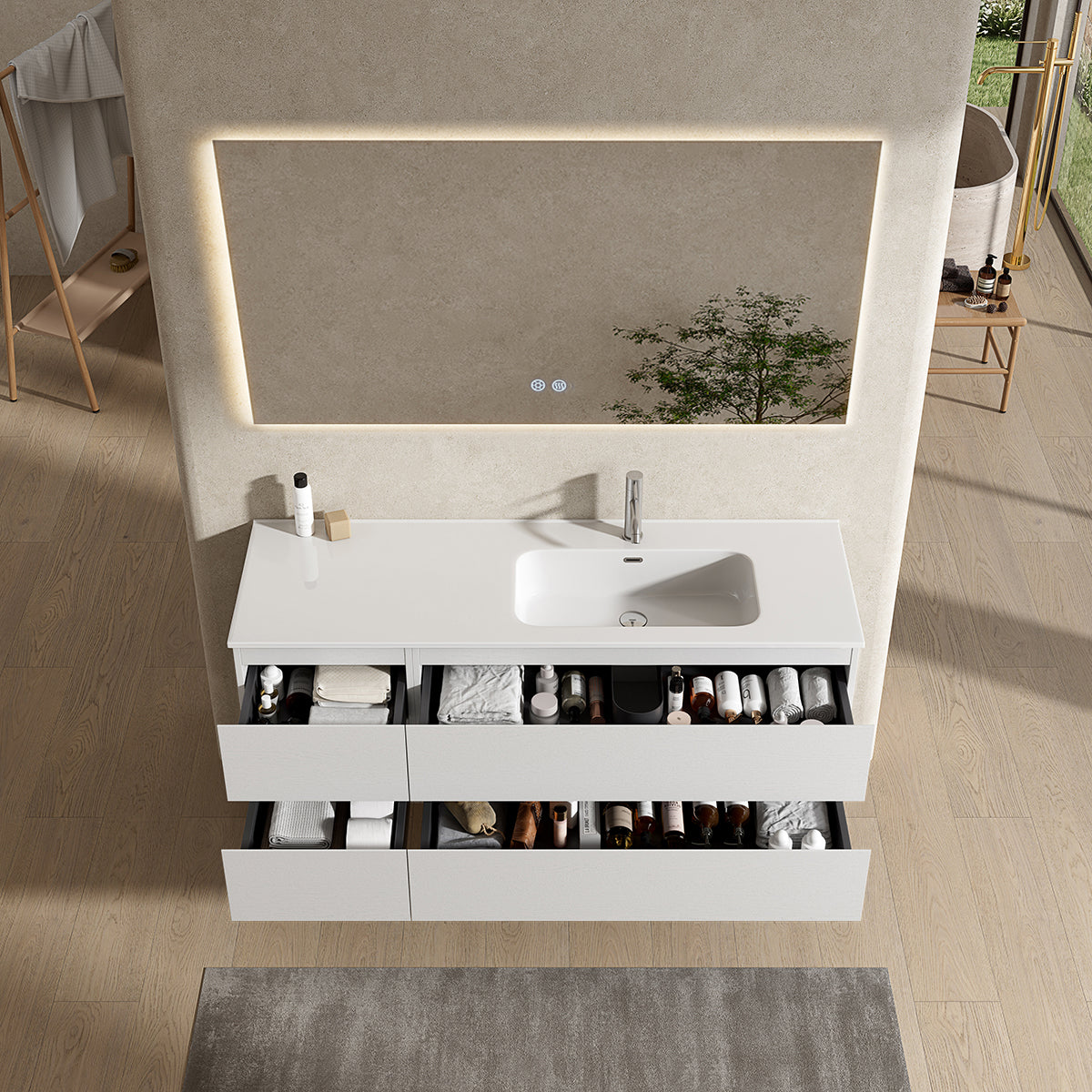 Mobile bagno sospeso 140 cm Bianco Lavabo a Destra in Resina Specchio Quadro Retroilluminato - Fiji Wood