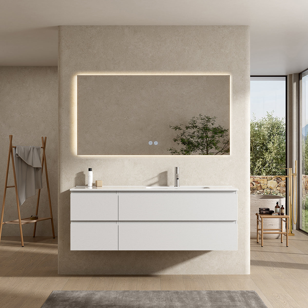 Mobile bagno sospeso 140 cm Bianco Lavabo a Destra in Resina Specchio Quadro Retroilluminato - Fiji Wood