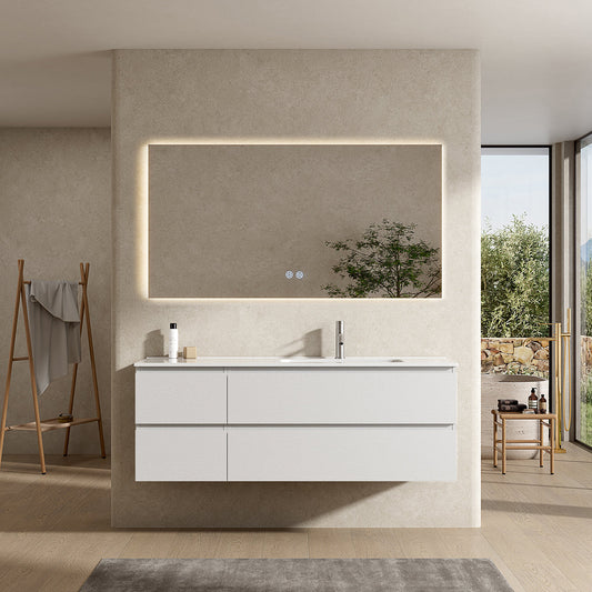 Mobile bagno sospeso 140 cm Bianco Lavabo a Destra in Resina Specchio Quadro Retroilluminato - Fiji Wood
