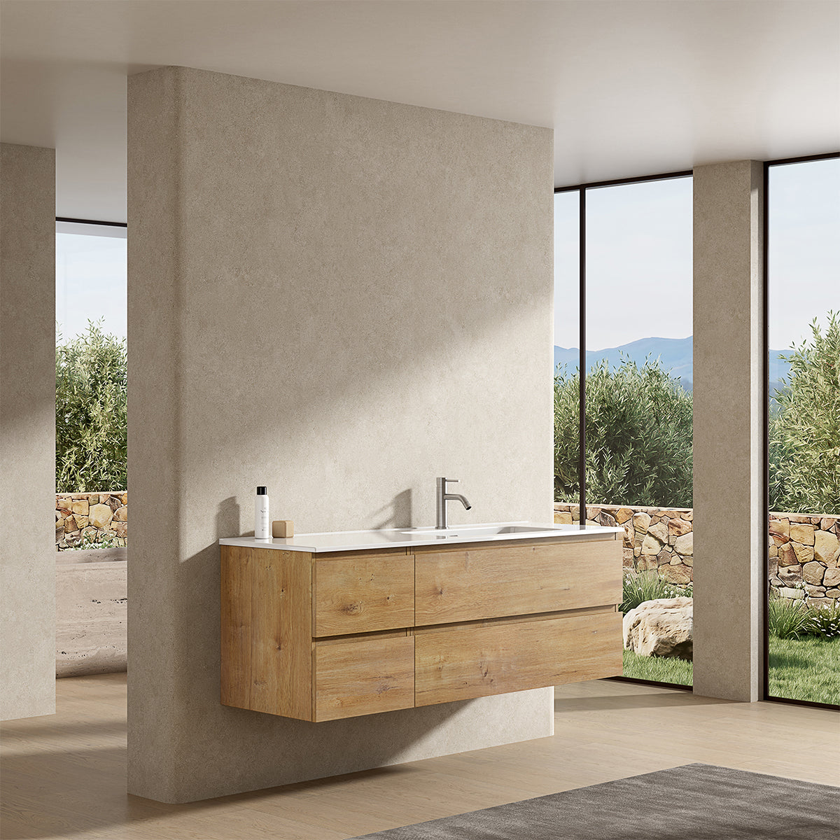 Mobile bagno sospeso 140 cm Bruno Medio Lavabo a Destra in Resina Senza Specchio - Fiji Wood