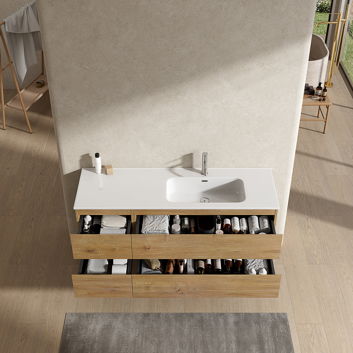 Mobile bagno sospeso 140 cm Bruno Medio Lavabo a Destra in Resina Senza Specchio - Fiji Wood
