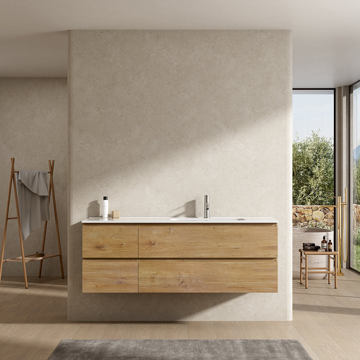 Mobile bagno sospeso 140 cm Bruno Medio Lavabo a Destra in Resina Senza Specchio - Fiji Wood