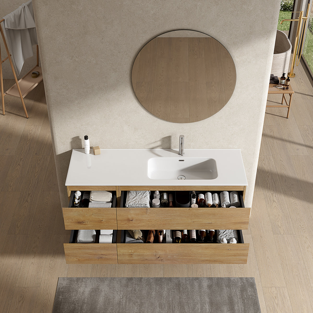 Mobile bagno sospeso 140 cm Bruno Medio Lavabo a Destra in Resina Specchio Tondo - Fiji Wood