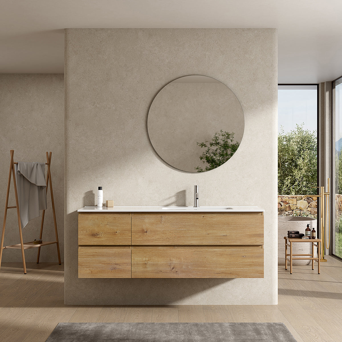 Mobile bagno sospeso 140 cm Bruno Medio Lavabo a Destra in Resina Specchio Tondo - Fiji Wood