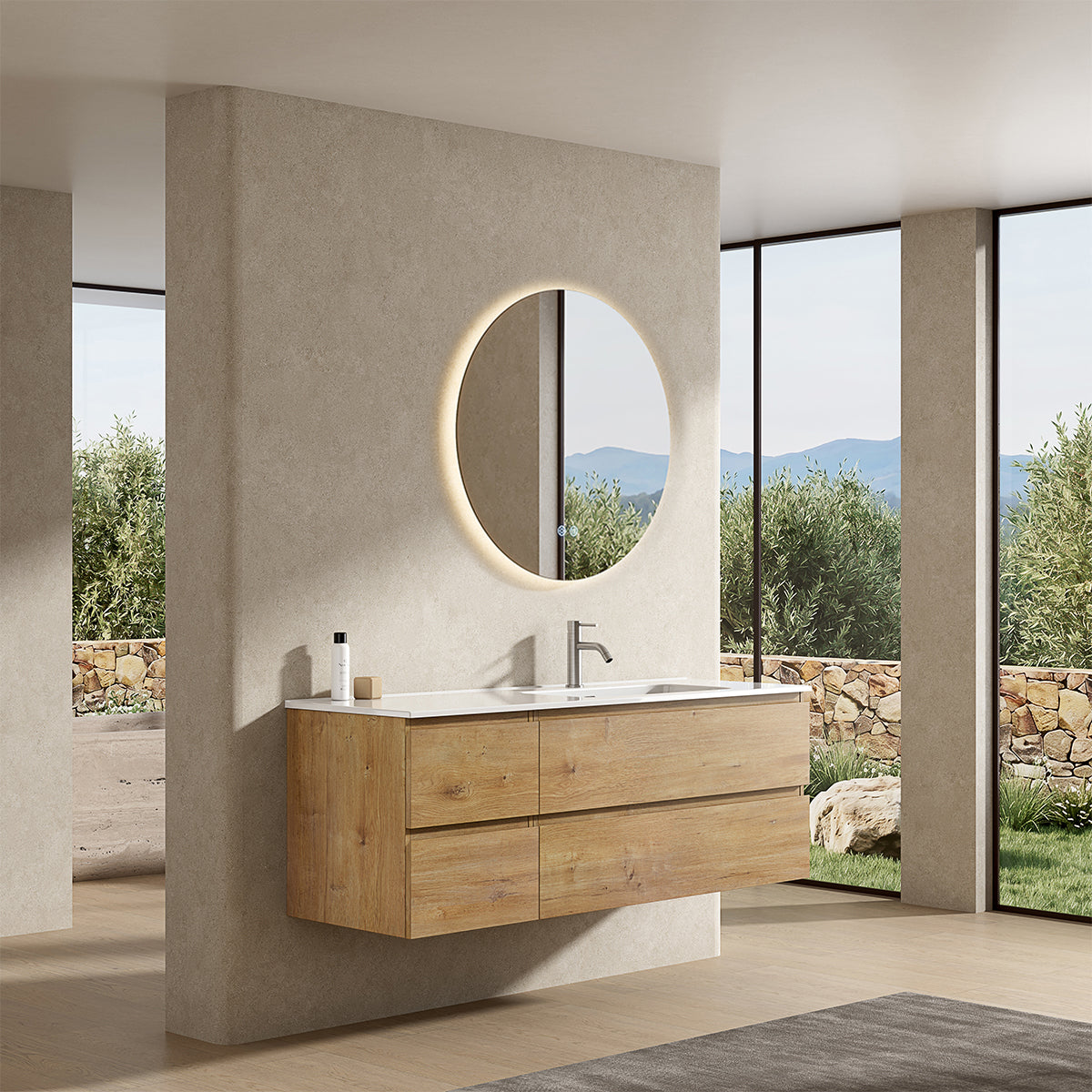 Mobile bagno sospeso 140 cm Bruno Medio Lavabo a Destra in Resina Specchio Tondo Retroilluminato - Fiji Wood