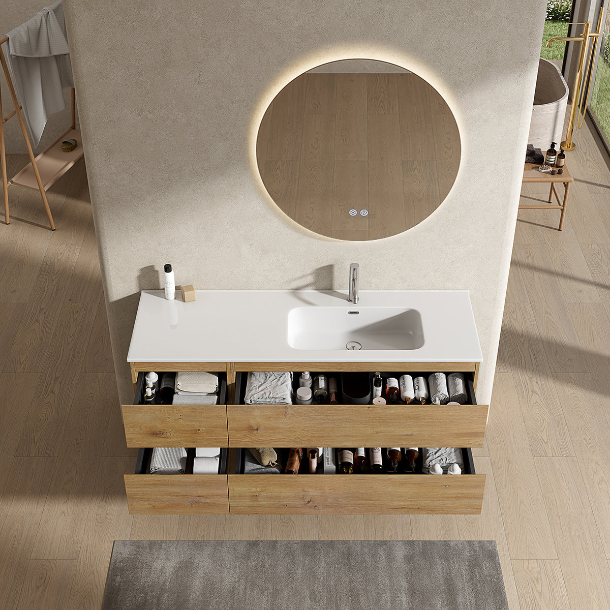 Mobile bagno sospeso 140 cm Bruno Medio Lavabo a Destra in Resina Specchio Tondo Retroilluminato - Fiji Wood