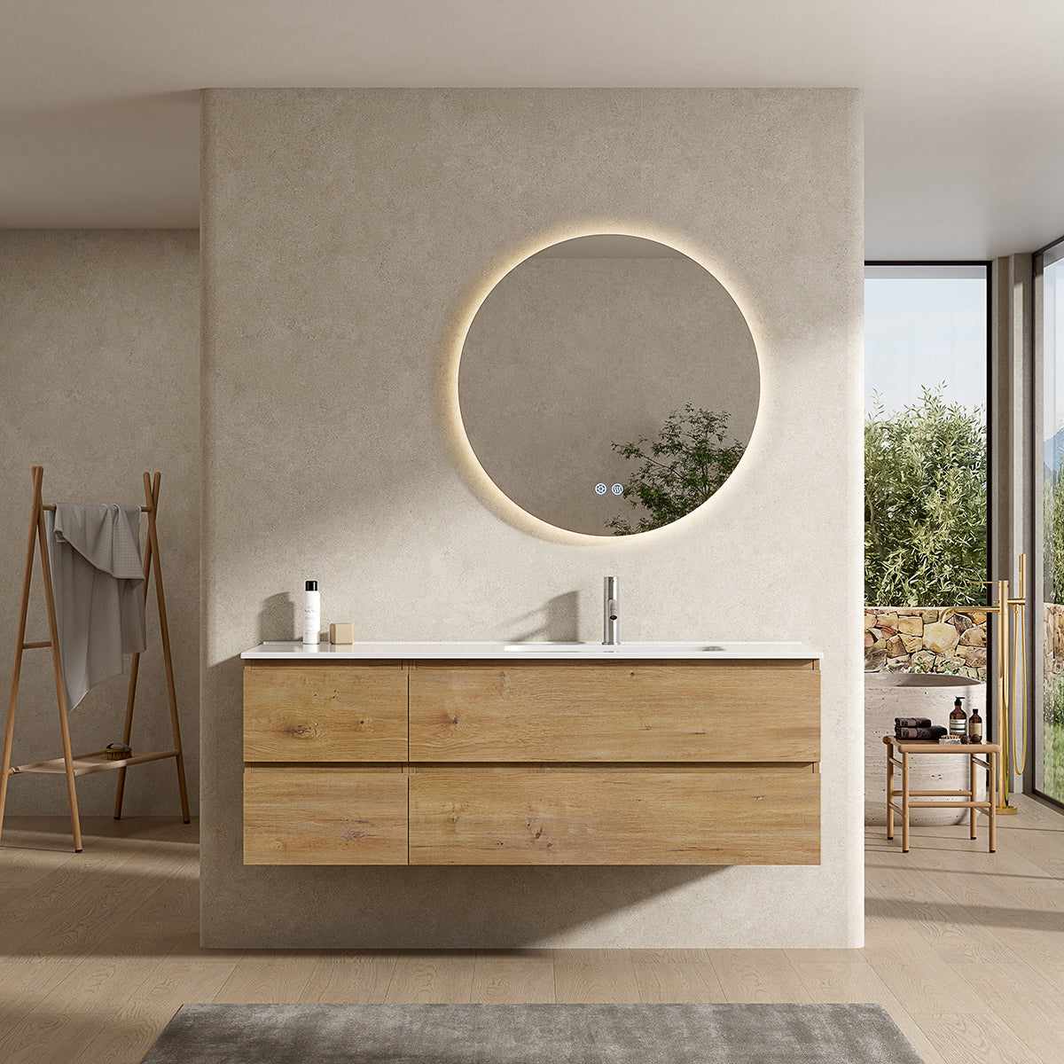 Mobile bagno sospeso 140 cm Bruno Medio Lavabo a Destra in Resina Specchio Tondo Retroilluminato - Fiji Wood