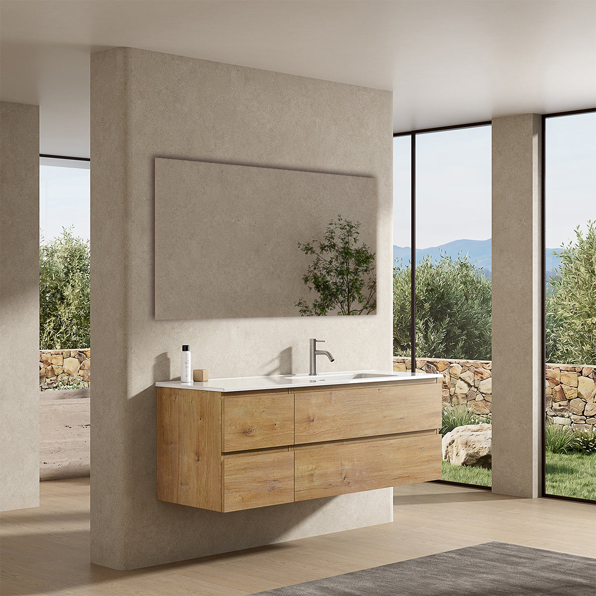 Mobile bagno sospeso 140 cm Bruno Medio Lavabo a Destra in Resina Specchio Quadro - Fiji Wood