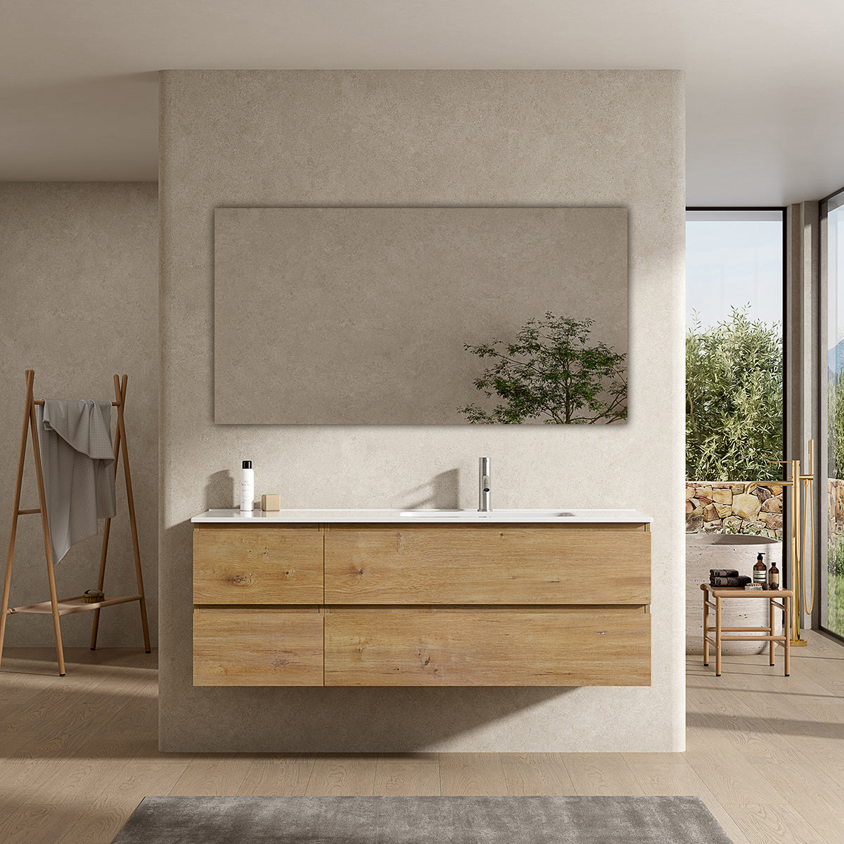 Mobile bagno sospeso 140 cm Bruno Medio Lavabo a Destra in Resina Specchio Quadro - Fiji Wood